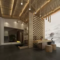 Elegant Hotel Lobby Interior With Wooden Paneling Hanging Lights Bookshelves And Sofa Seating