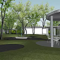 Residential Landscape Design Featuring Outdoor Seating Tables Lush Trees And Green Lawn