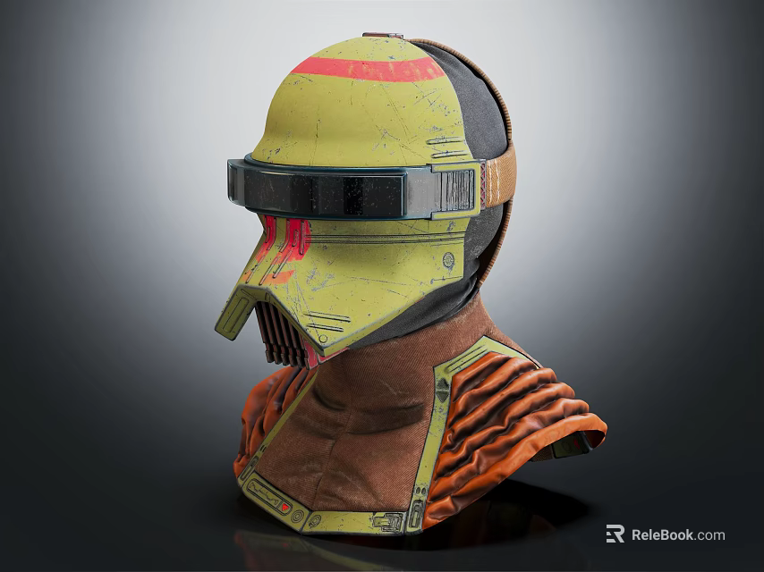 Futuristic Tactical Helmet With Yellow Red Stripe Visor And Brown Armor Details 3d model 