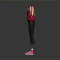 Stylish Casual Outfit Red Jacket With Beige Sleeves Black Pants And Pink Sneakers