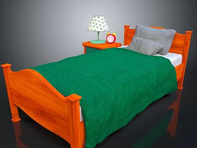 Wooden Bed With Green Quilt Gray Pillows Nightstand Lamp And Red Alarm Clock 3d model
