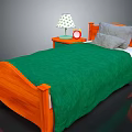 Wooden Bed With Green Quilt Gray Pillows Nightstand Lamp And Red Alarm Clock