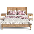Rustic Oak Wood Double Bed With Floral Pink Pillows And White Bedding