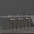 Modern Kitchen Island With Marble Countertop Wooden Stools Green Plant Faucet And Fruits