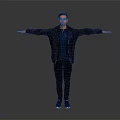Man With Arms Outstretched In Black Jacket Blue Shirt Black Pants Blue Shoes Gray Background