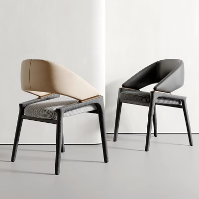 Beige and Black Modern Upholstered Dining Chairs Featuring Curved Backrest and Slim Legs 3d model