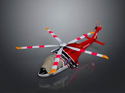 Red Helicopter With Red And White Propellers Orange Tips And Detailed Fuselage 3d model