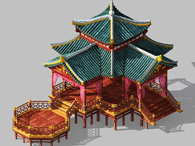 Ancient Chinese Pavilion With Multi Tiered Green Tiles Golden Decorations And Red Pillars 3d model