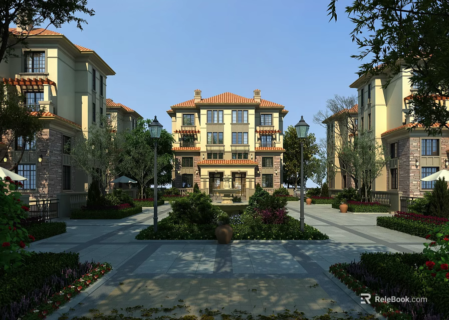 European Style Multi story Residential Building With Red Tile Roof Lush Gardens And Street Lamps 3d model 