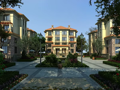 European Style Multi story Residential Building With Red Tile Roof Lush Gardens And Street Lamps 3d model