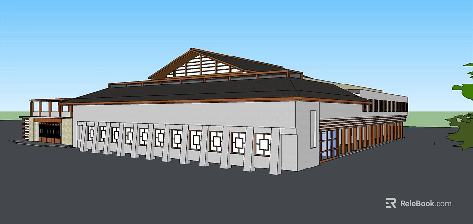 Traditional Modern Building Exterior Featuring Wooden Gable Roof White Columns And Square Windows 3d model 