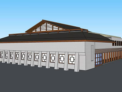 Traditional Modern Building Exterior Featuring Wooden Gable Roof White Columns And Square Windows 3d model