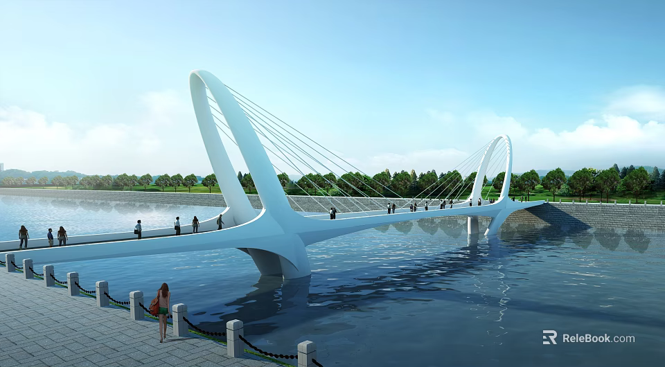 Modern White Cable Stayed Pedestrian Bridge Over Water With Green Trees And Scenic View 3d model 