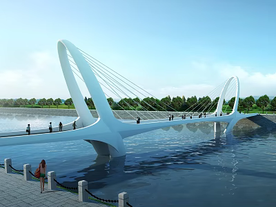 Modern White Cable Stayed Pedestrian Bridge Over Water With Green Trees And Scenic View 3d model