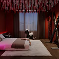 Modern Hotel Guest Room Interior With Bed Desk Chair And Blue Ambient Lighting