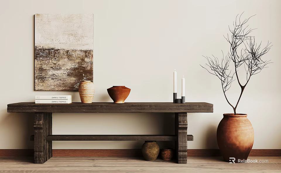 Wooden Bench In Room With Wall Painting Ceramic Vases Candles And Decorative Branches 3d model 