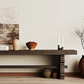 Wooden Bench In Room With Wall Painting Ceramic Vases Candles And Decorative Branches