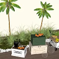Practical Storage Boxes With Oranges Garden Tools Near Palm Trees White Pebbles And Grass 3d model