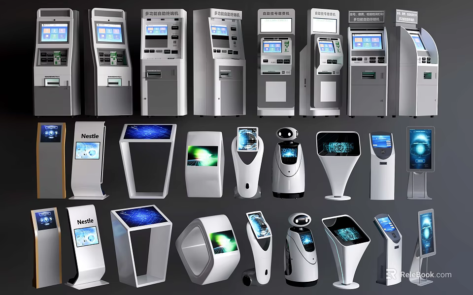 Public Facilities Modern Self Service Kiosks With Multiple Designs And Interactive Screens 3d model 