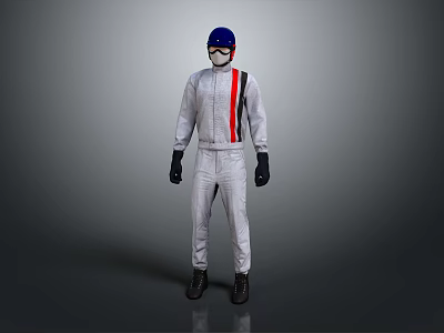 Racing Character With Blue Helmet White Jumpsuit Red Black Stripes Black Gloves And Boots 3d model