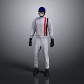 Racing Character With Blue Helmet White Jumpsuit Red Black Stripes Black Gloves And Boots
