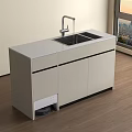 Modern Washbasin Vanity with White Countertop Faucet and Storage Cabinets Near Window City Skyline View