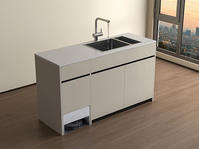 Modern Washbasin Vanity with White Countertop Faucet and Storage Cabinets Near Window City Skyline View 3d model