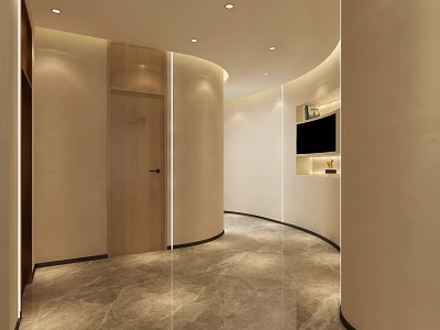 Modern Store Front Desk Design With Curved Walls Marble Floor And Recessed Lighting 3d model