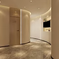 Modern Store Front Desk Design With Curved Walls Marble Floor And Recessed Lighting