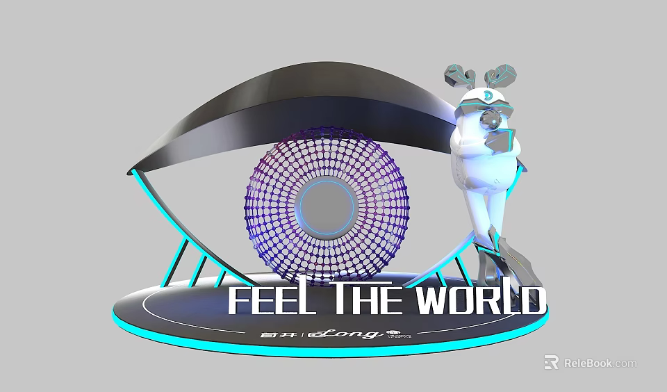 Modern Interactive Photo Check In Spot With Curved Structure Purple Grid And White Mascot 3d model 