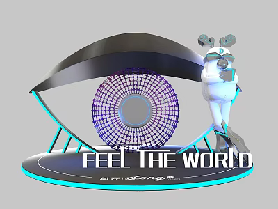 Modern Interactive Photo Check In Spot With Curved Structure Purple Grid And White Mascot 3d model