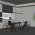 Modern Restaurant Interior With Dining Table Chairs Kitchen Area And Hanging Lights 3d model