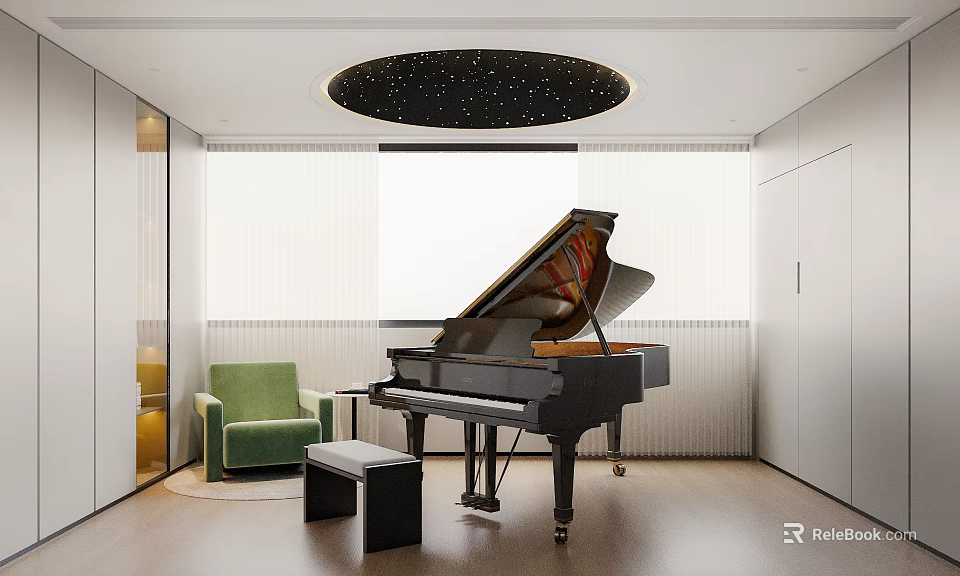 Modern Piano Room With Grand Piano Green Armchair And Starry Ceiling 3d model 