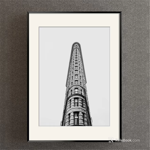 Black and White Framed Architectural Landscape of Tall Building With Classical Decorations on Gray Wall 3d model 