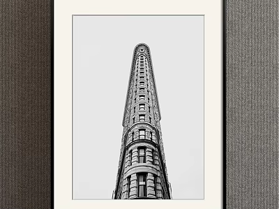 Black and White Framed Architectural Landscape of Tall Building With Classical Decorations on Gray Wall 3d model
