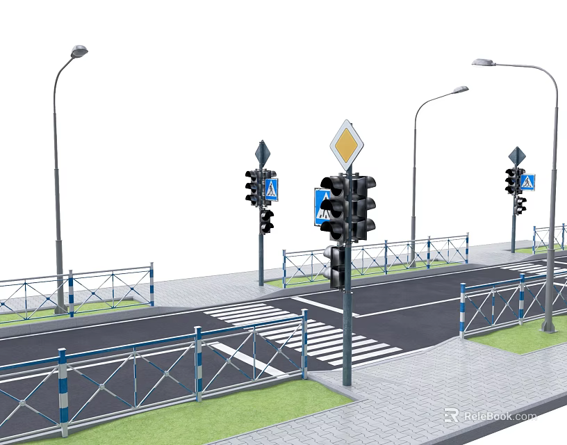 Urban Road Infrastructure With Traffic Lights Street Lamps Guardrails Crosswalk And Road Signs 3d model 