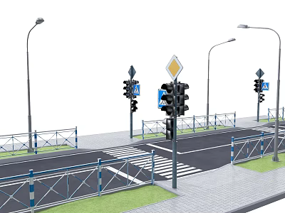 Urban Road Infrastructure With Traffic Lights Street Lamps Guardrails Crosswalk And Road Signs 3d model