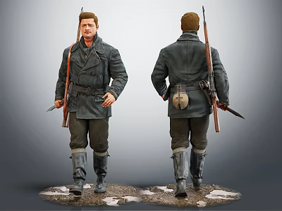 Man In Military Coat With Rifle Knife And Long Boots On Snowy Ground Front Back Views 3d model