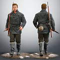 Man In Military Coat With Rifle Knife And Long Boots On Snowy Ground Front Back Views