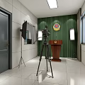Professional Studio Interior Setup With Green Curtain Emblem Podium Lighting And Camera Tripod