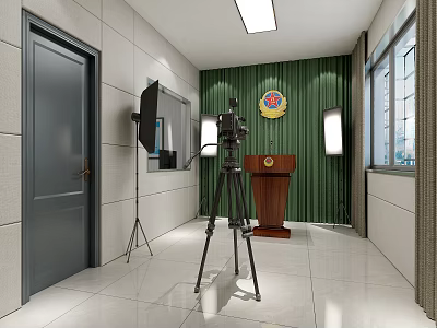 Professional Studio Interior Setup With Green Curtain Emblem Podium Lighting And Camera Tripod 3d model