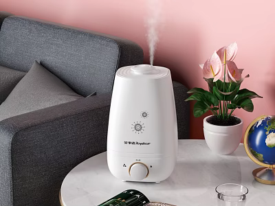 White Air Humidifier On Marble Table In Living Room With Pink Flower Plant And Globe 3d model