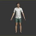 Man In White Short Sleeve Shirt Green Shorts Black Sandals Standing Against Gray Background Arms Outstretched