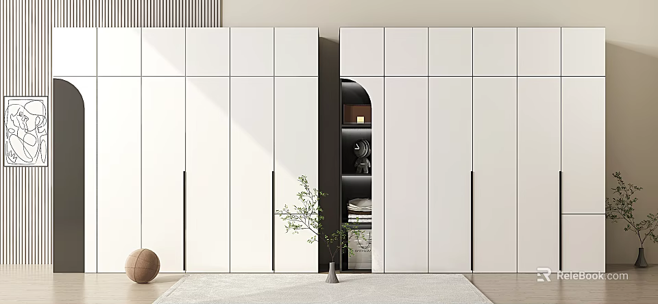 Modern Minimalist White Wardrobe With Panel Doors Open Compartment And Potted Plant Decorative Rug 3d model 