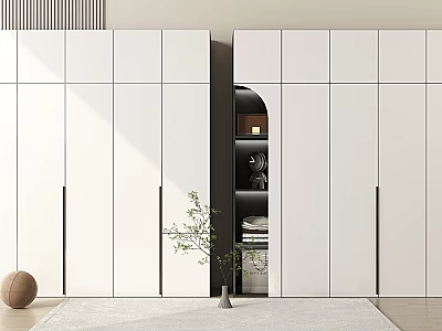 Modern Minimalist White Wardrobe With Panel Doors Open Compartment And Potted Plant Decorative Rug 3d model