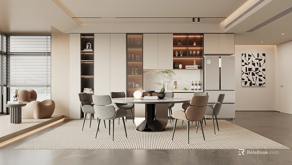 Modern Restaurant Interior Design With Dining Table Chairs Cabinets And Lighting 3d model