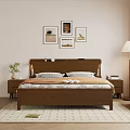 Modern Bedroom Interior with Wooden Double Bed Headboard Nightstand Table Lamp Decorative Paintings and Blinds