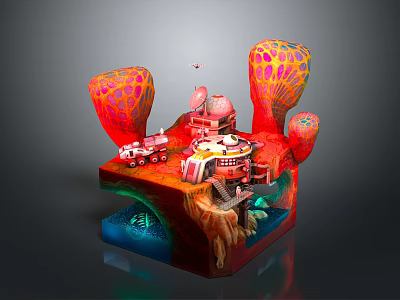 Futuristic Sci Fi Landscape With Red Coral Like Structures Buildings Vehicles And Glowing Water 3d model