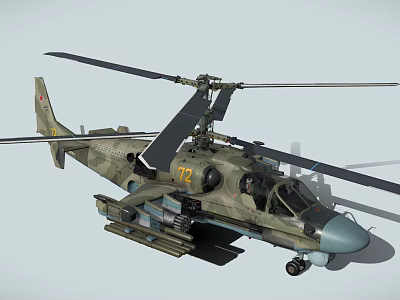 Helicopter With Camouflage Paint Number 72 Weapon Systems And Twin Rotor Design 3d model
