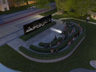 Beautiful Garden Feature With Circular Seating Lush Greenery And Soft Lighting 3d model